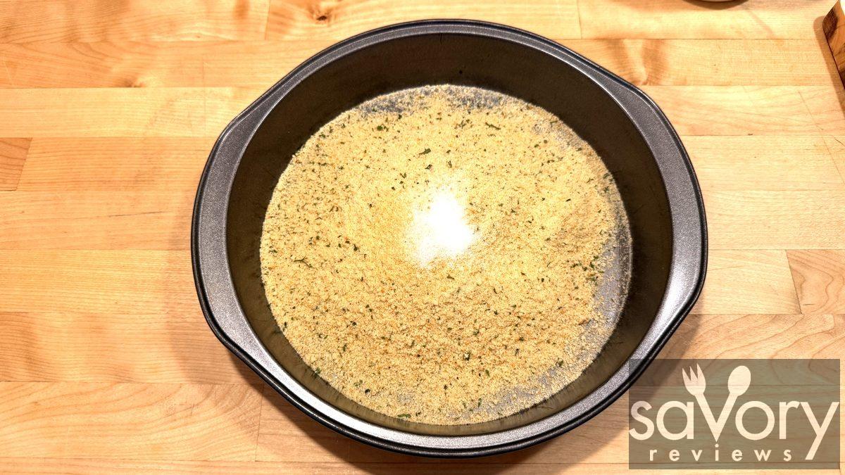 Italian breadcrumb and parmesan mixture in a shallow bowl