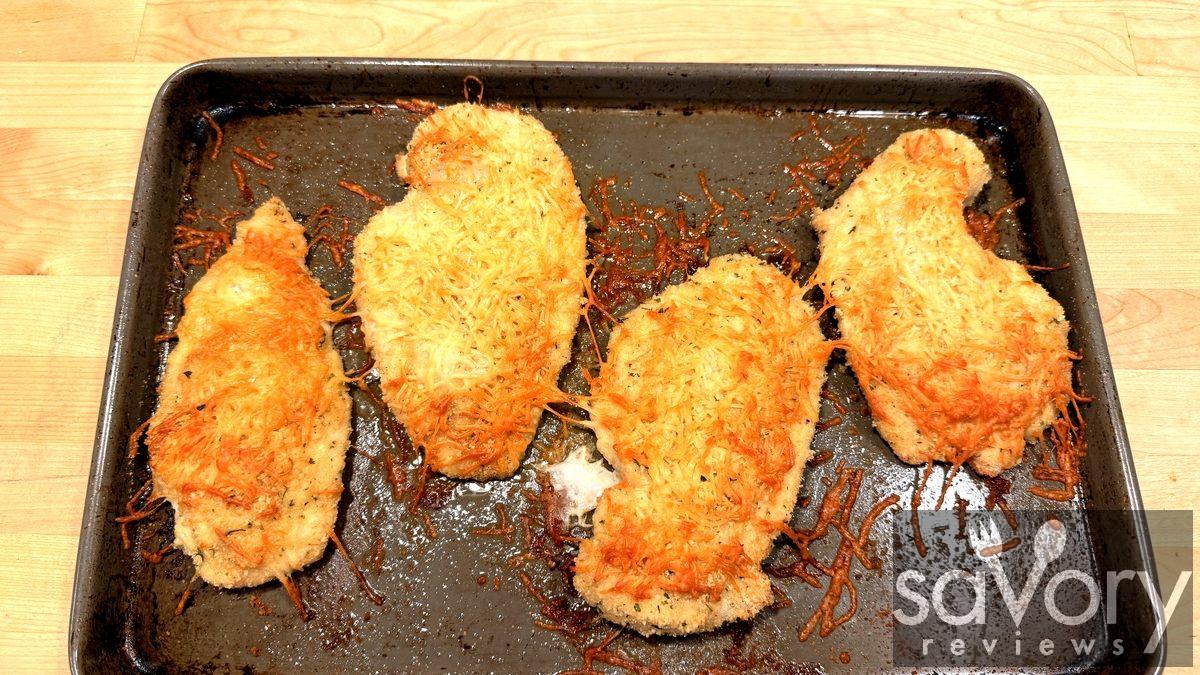 Crispy golden parmesan crusted chicken fresh out of the oven