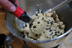 Using an ice cream scoop makes sure that all of the cookies are the same size.