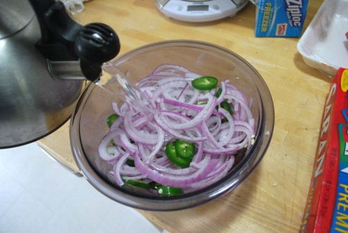 I quickly blanch the onions and jalapenos for about a minute just to soften them a bit.