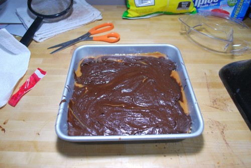 Cover with the remaining batter.  Spread it out the best you can.  When it heats up, it will spread out all over the top.
