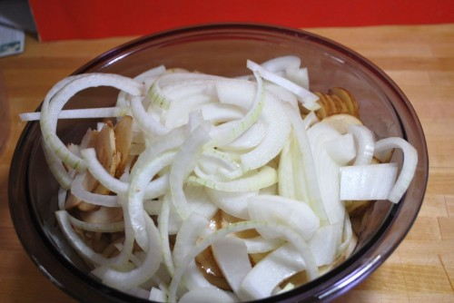 It may look like a lot of onions, but they will almost dissapear in the end product.  So slice them big.