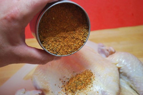 Sprinkle it on kind of heavy as the seasoning needs to penetrate the skin.