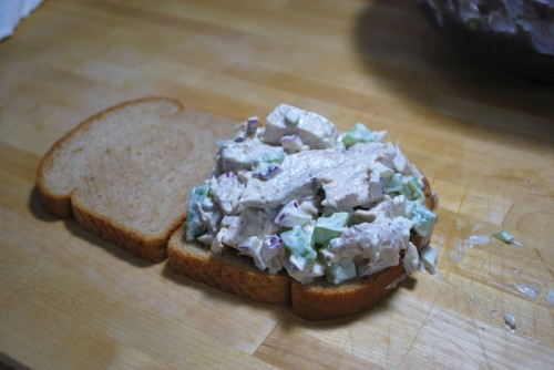 I love chicken salad so I always pile it high and eat up the bits that fall out with potato chips.