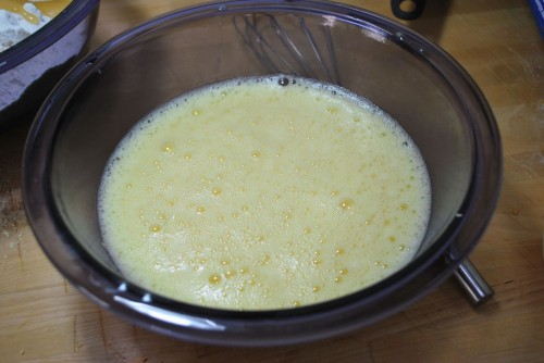 Once the eggs are beaten, add the milk