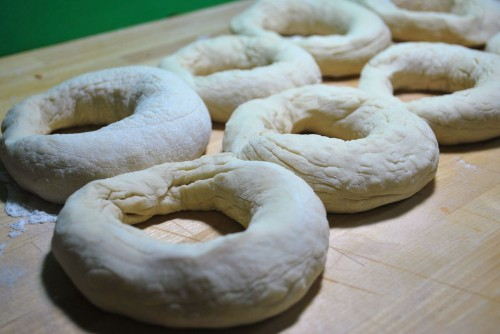 Bagels awaiting their time in the boiling water.