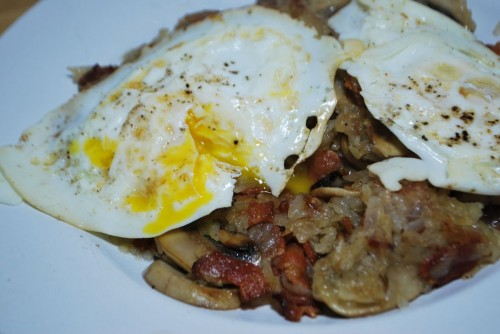 Ahh, runny eggs on bacon with a little bit of potato.  Awesome!!!