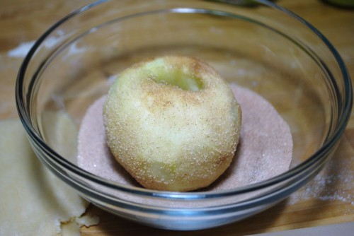 Roll the apples in cinnamon and sugar