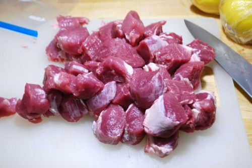 Cut the pork tenderloin into cubes, try to make all of the cubes the same size.  This will make sure that all of the meat cooks in the same amount of time.