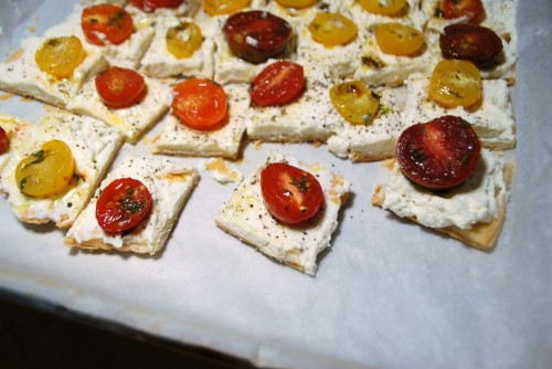 Cut into squares.  The heirloom cherry tomatoes made the tartlets colorful and super tasty.
