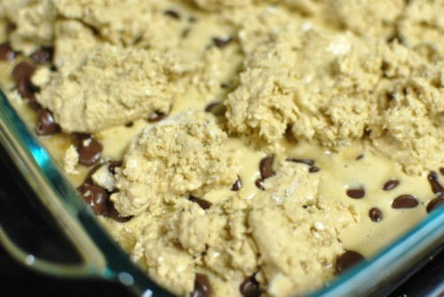 Dollop the cookie onto the pan.  Don't worry if you don't have enough to cover the whole dish.