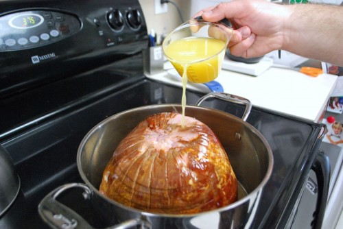 Baste the Ham in the pear/orange juice