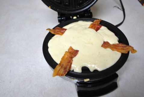 Making the bacon waffles