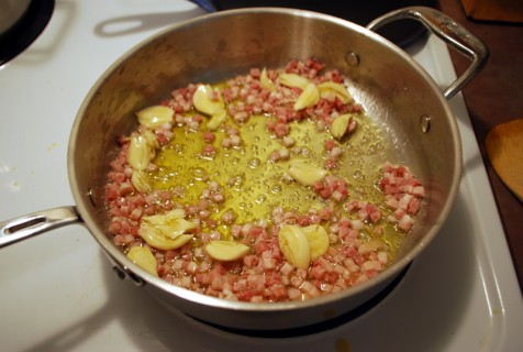 Saute the garlic and pancetta