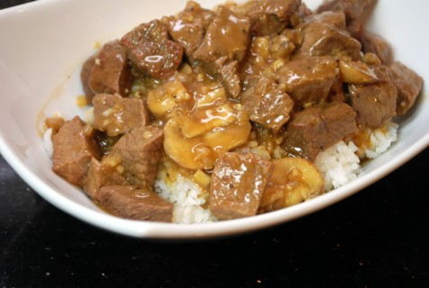 Beef tips with mushrooms over rice