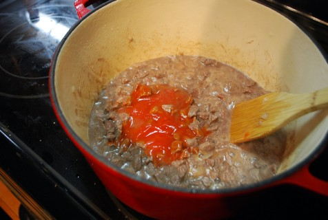 Add the tomato sauce and cover with broth