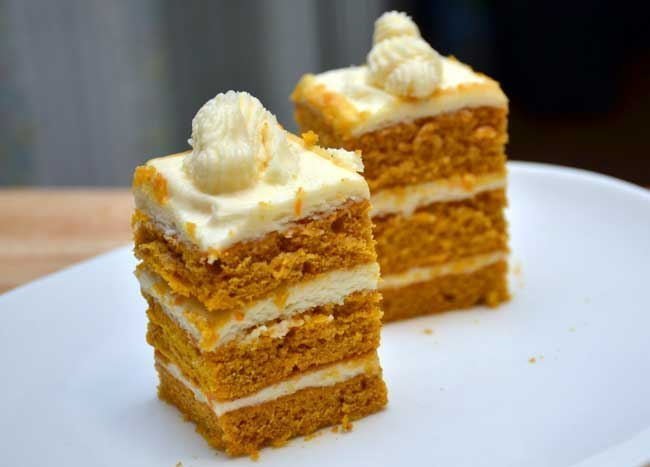 Pumpkin layer cake with orange cream cheese frosting