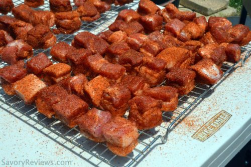 Pork Belly Burnt Ends on a rack