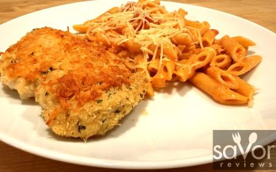 Easy Parmesan Crusted Chicken served with Penne Vodka Sauce
