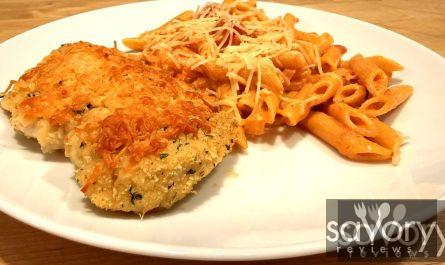 Easy Parmesan Crusted Chicken served with Penne Vodka Sauce