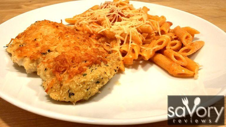 Easy Parmesan Crusted Chicken served with Penne Vodka Sauce